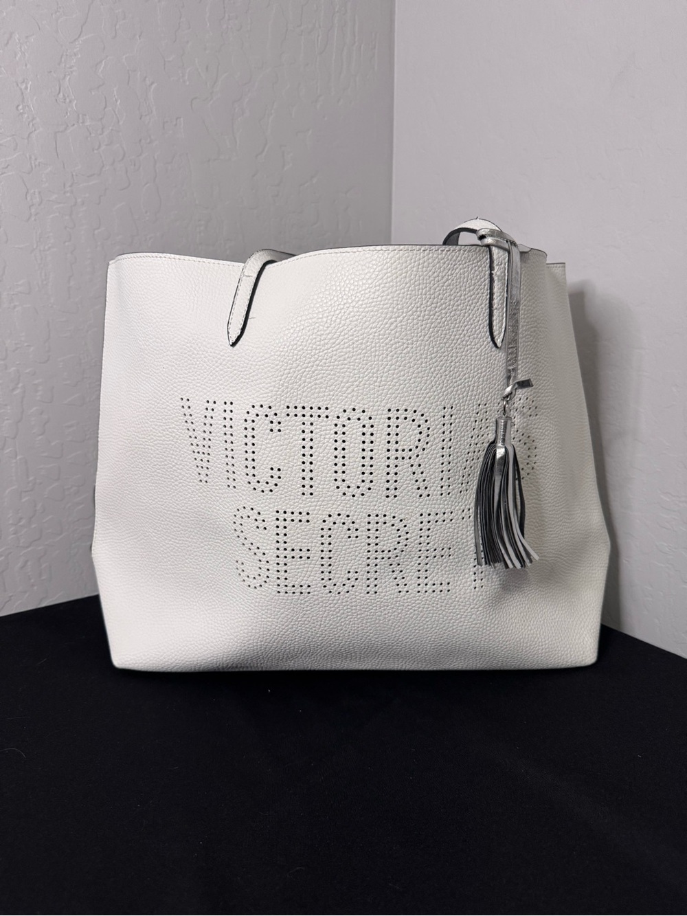 Victoria’s Secret White Faux Leather Large Tote Bag Purse Silver Tassel